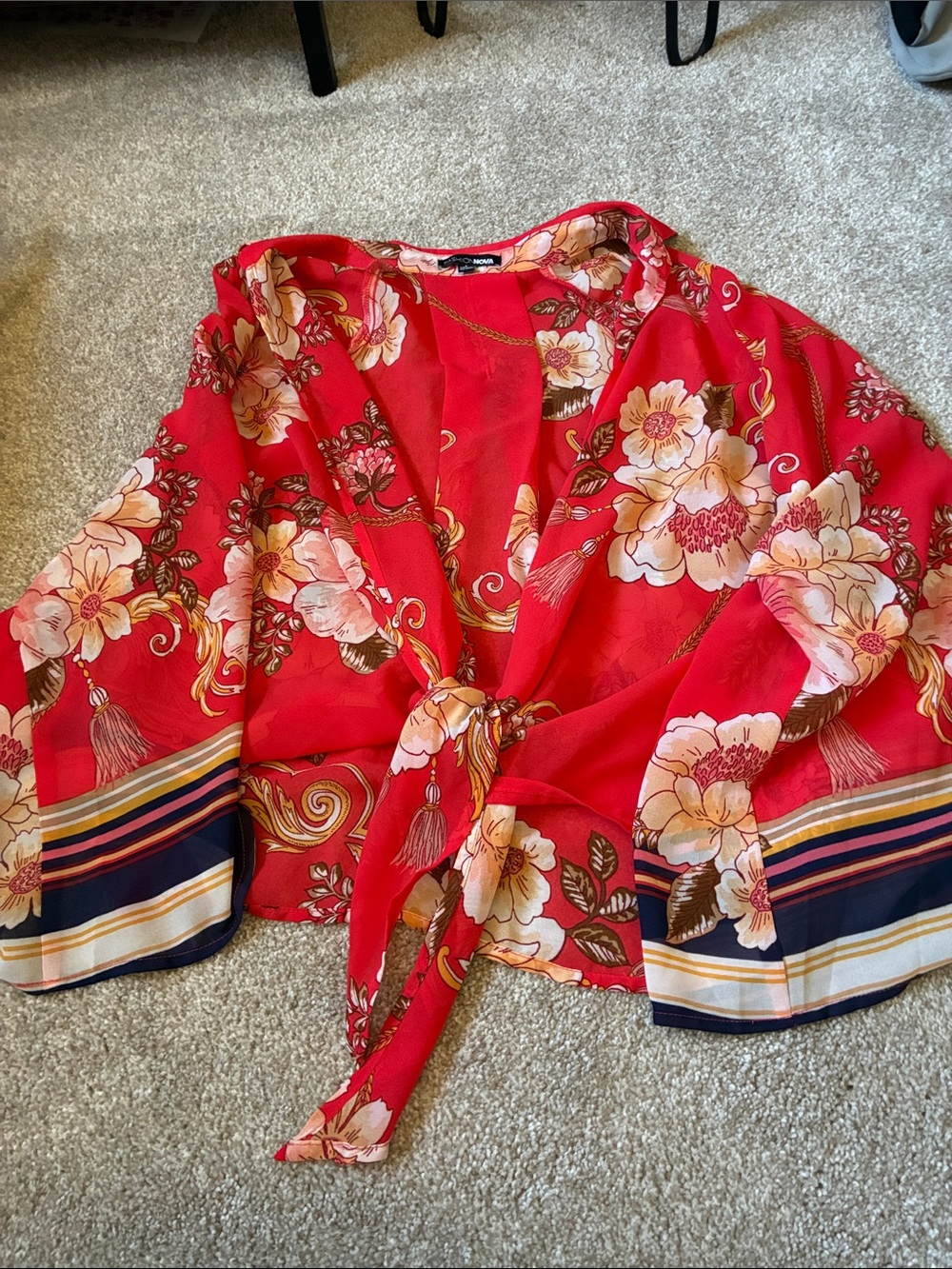 Fashion Nova Sheer Red-Orange Floral Tie-Front Top